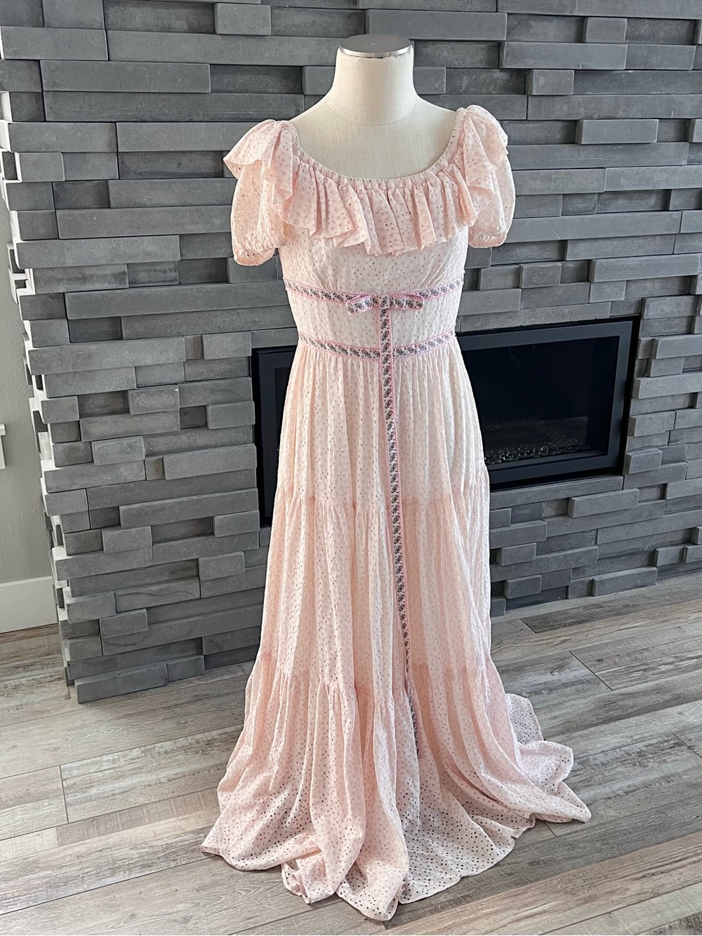 Vintage Pink Tiered Eyelet Off the Shoulders Dress